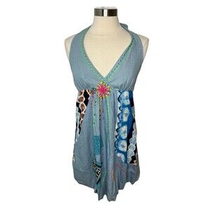 New Forla Paris Patchwork Chambray Denim Embroidered Mini Halter Dress Boho Sz L